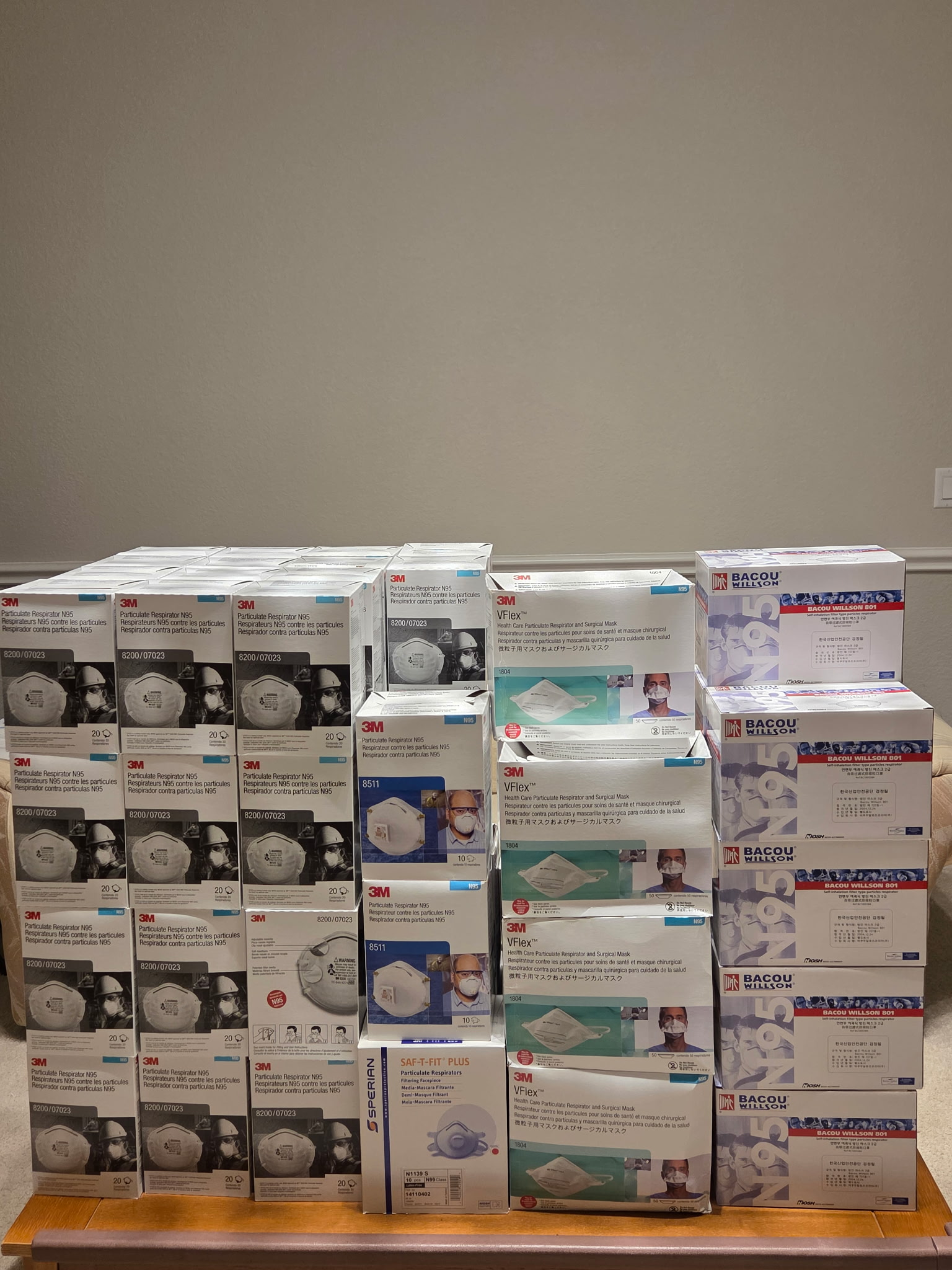 Boxes of collected masks arranged together